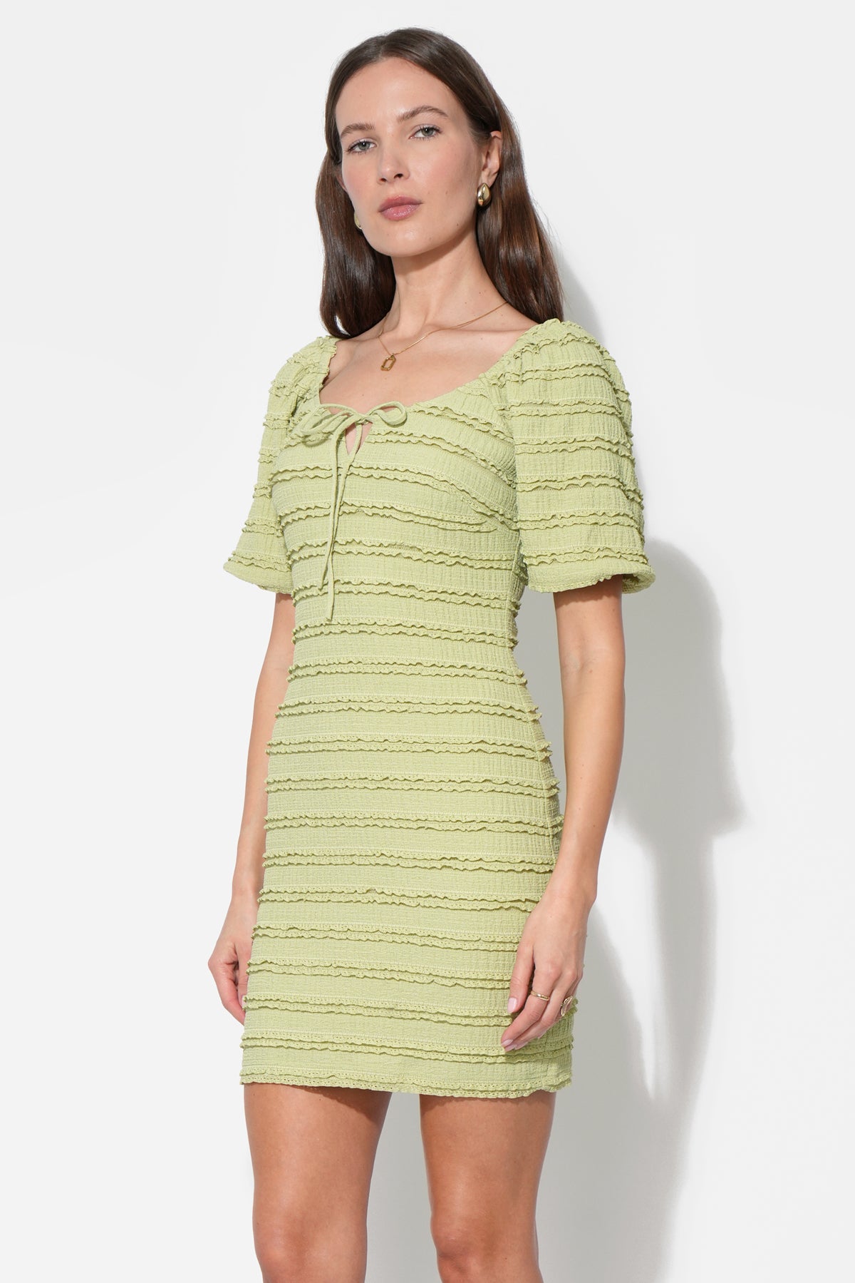 Aina Textured Lace Trim Green Mini Dress F251D6224