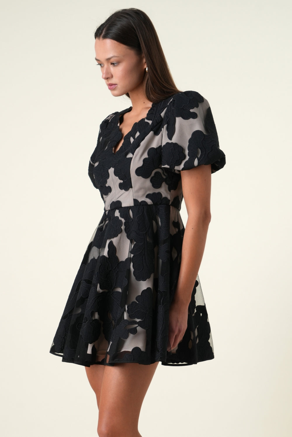 Ariana Bubble Sleeves Black Mini Dress F262D6986_BLACK/NUDE