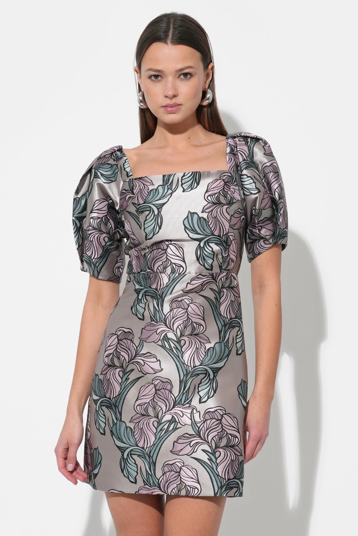 Astoria Puff Sleeved Square Neck Jacquard Dress F258D6550