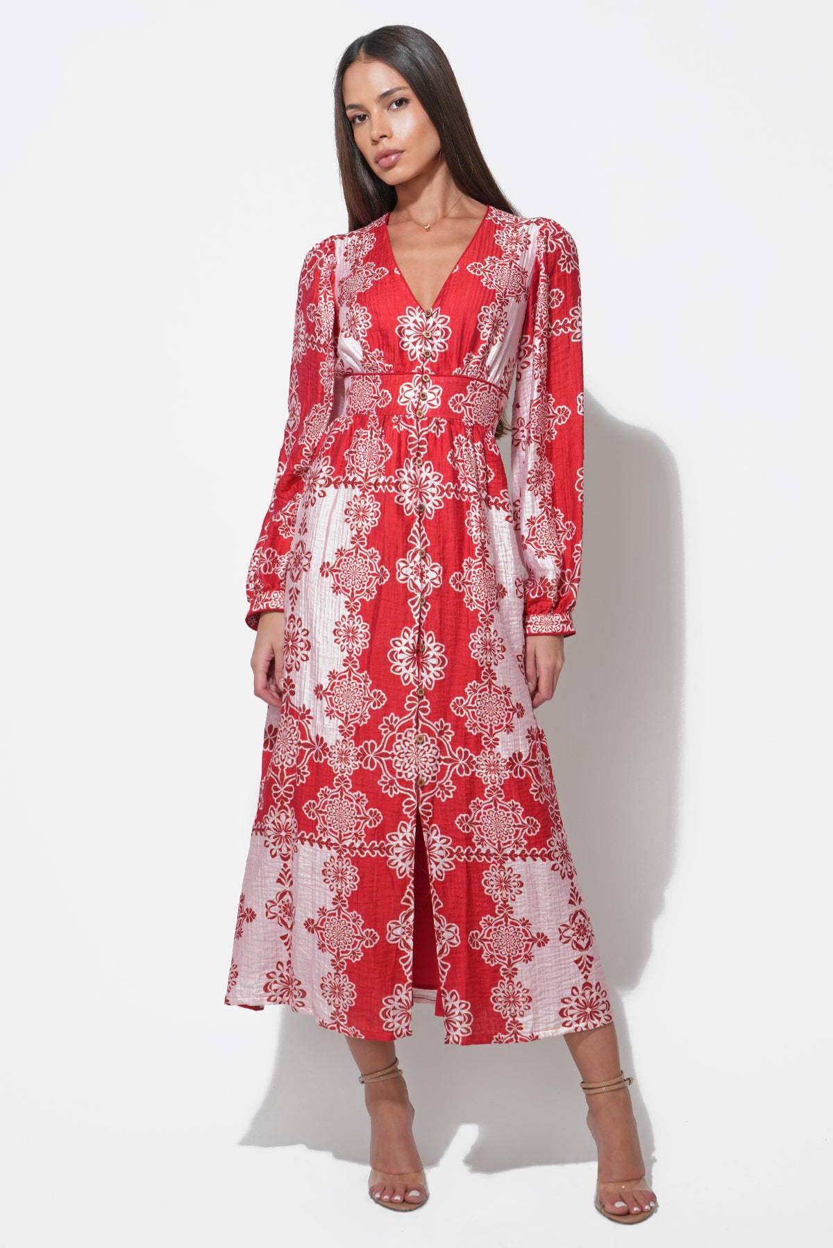 Athena V-Neck Red Maxi Dress F2512D6734