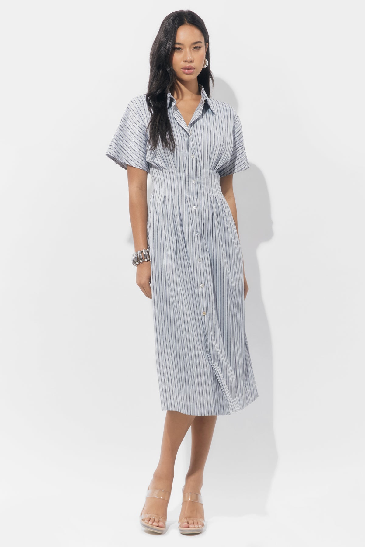 Audrey Button Up Pleated Stripe Shirt Dress