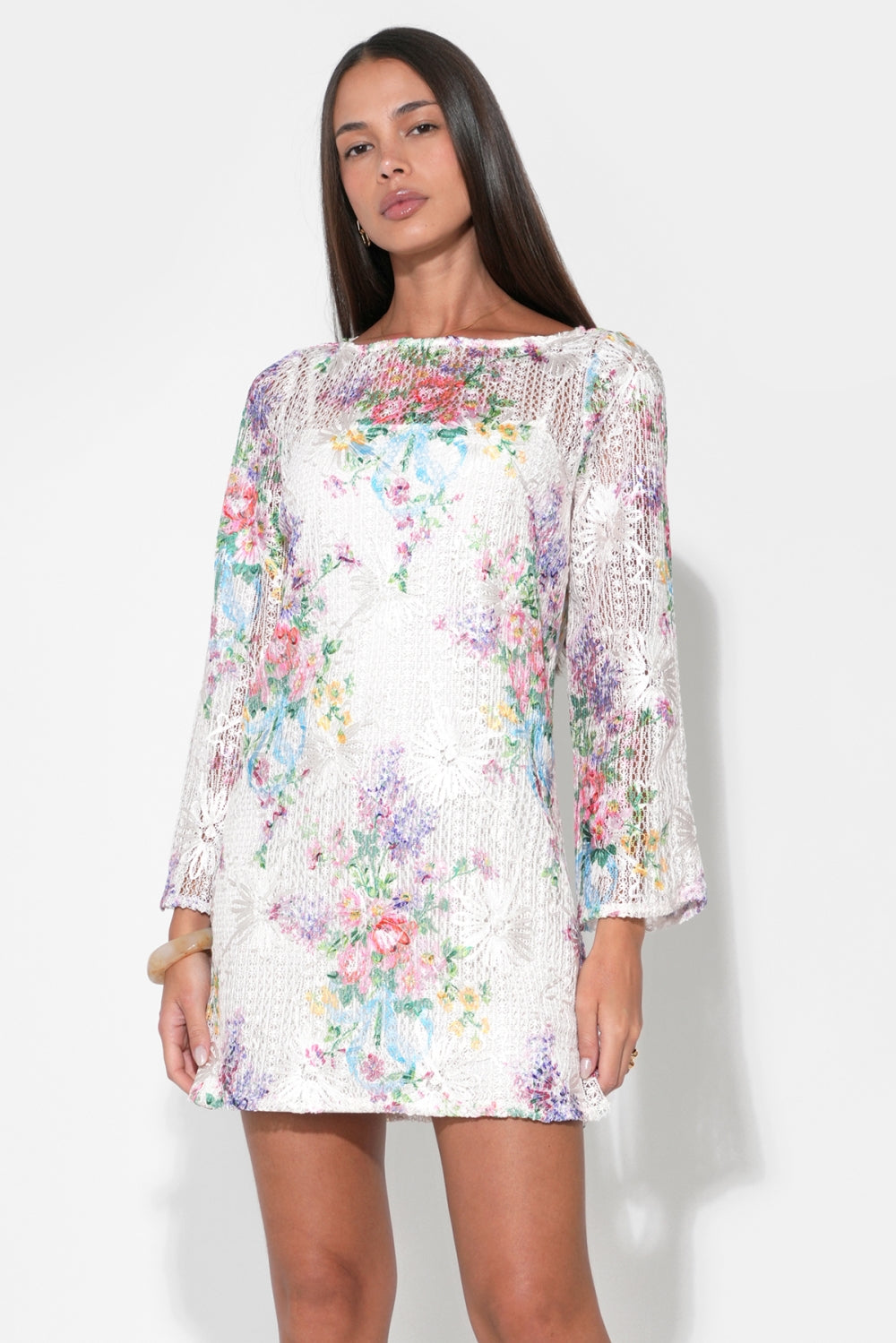 Bella Long Sleeve Crochet Mini Dress F263D7084