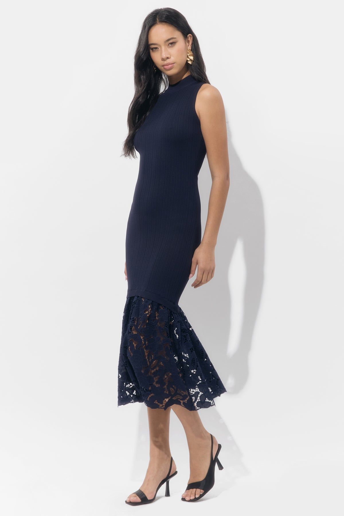 Brielle Mock Neck Rib Knit Lace Midi Dress