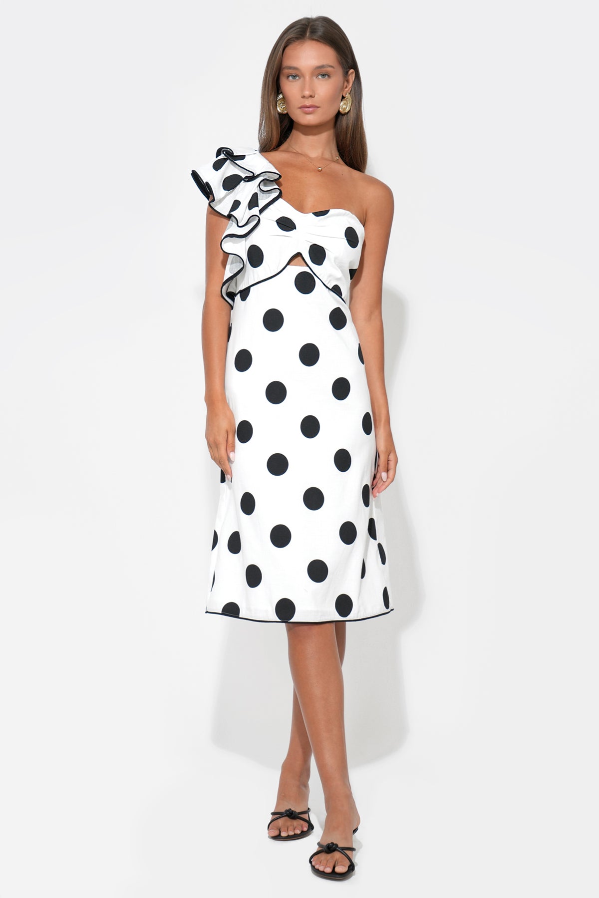strapless open back dress Cailyn One Shoulder Ruffle Linen Dot Midi Dress
