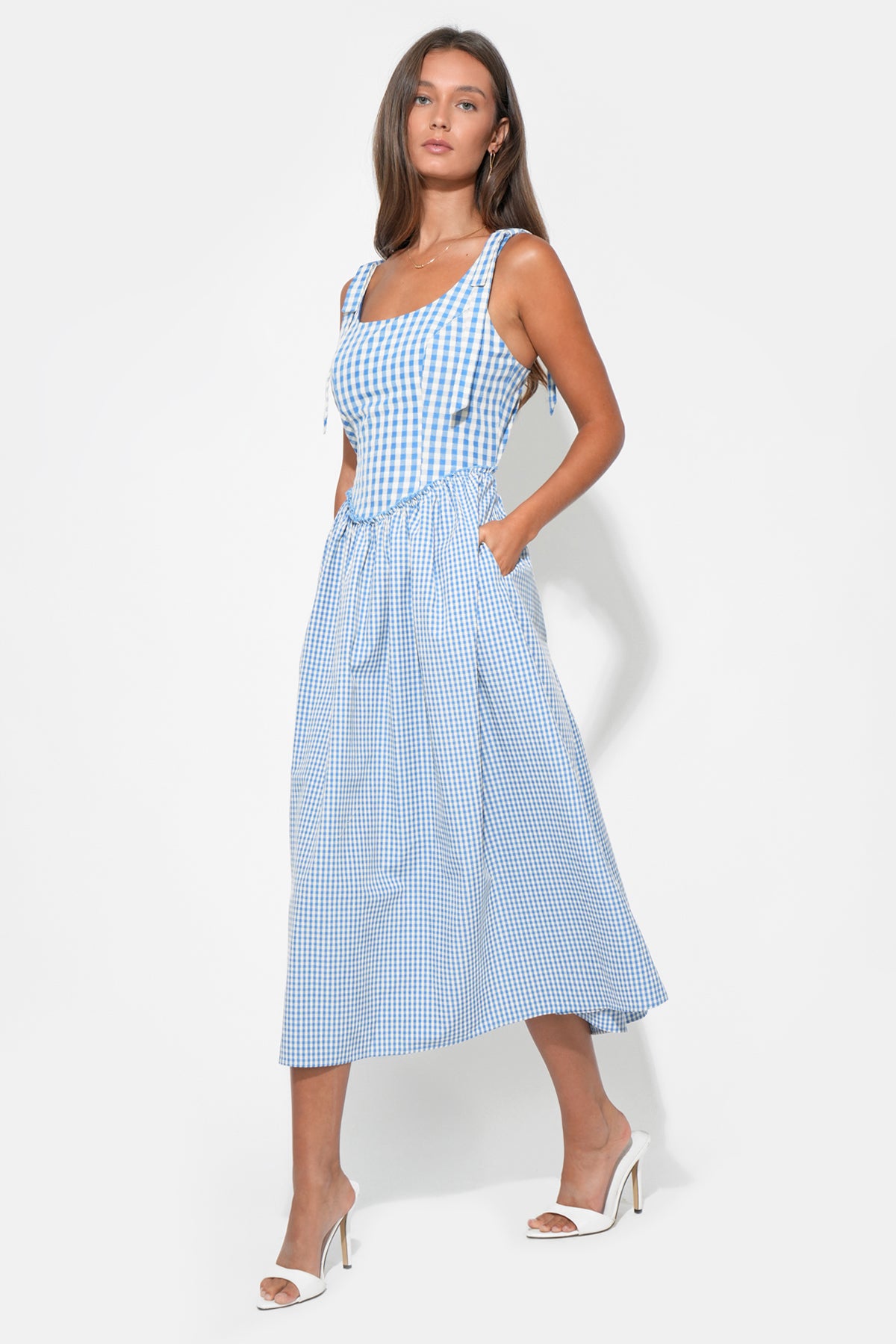 Camila Bow Straps Gingham Midi Dress F261D6871