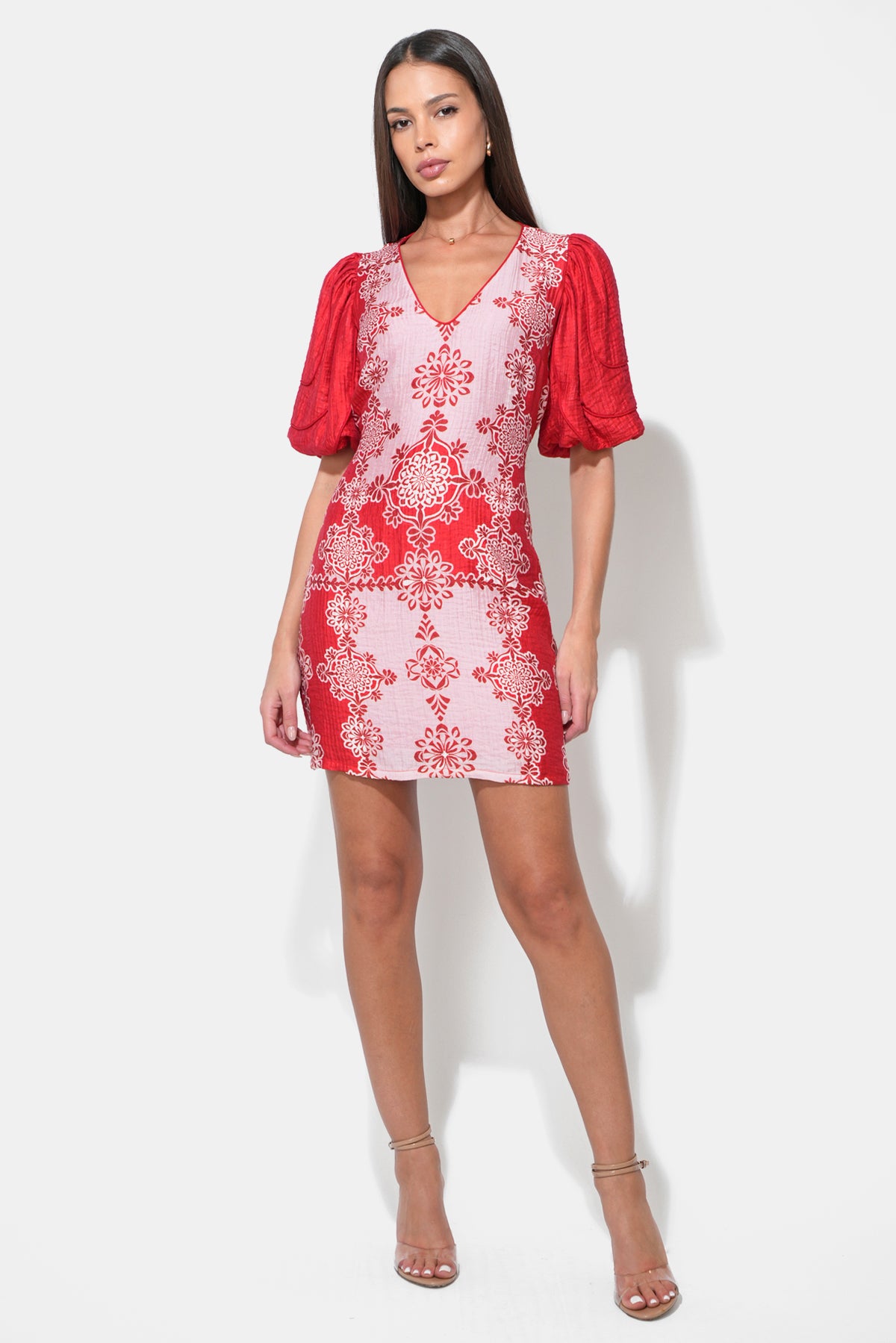 Caroline V-Neck Bubble Sleeve Red Mini Dress F2512D6735