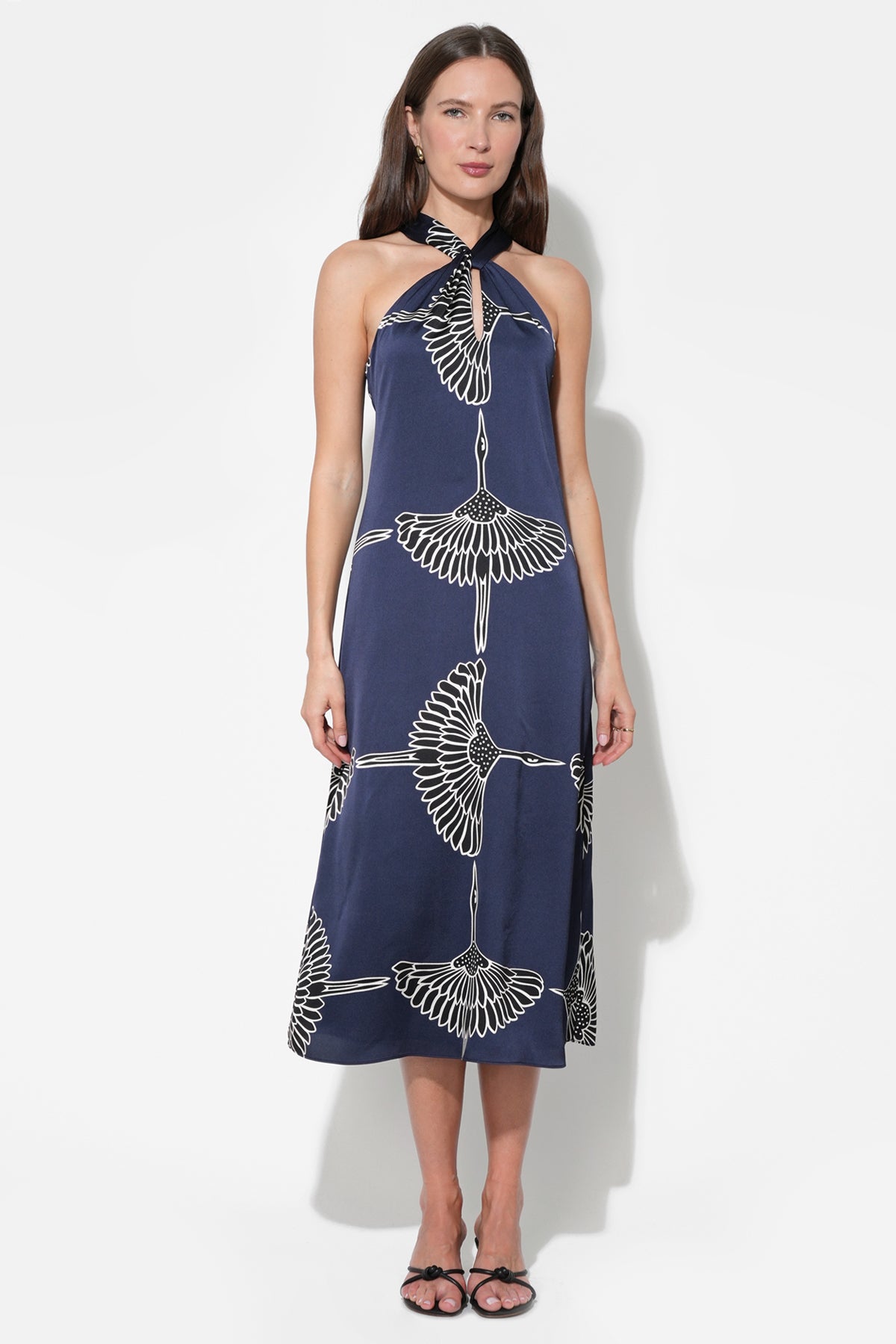 Cecelia Halter Ribbon Tie Satin Midi Dress