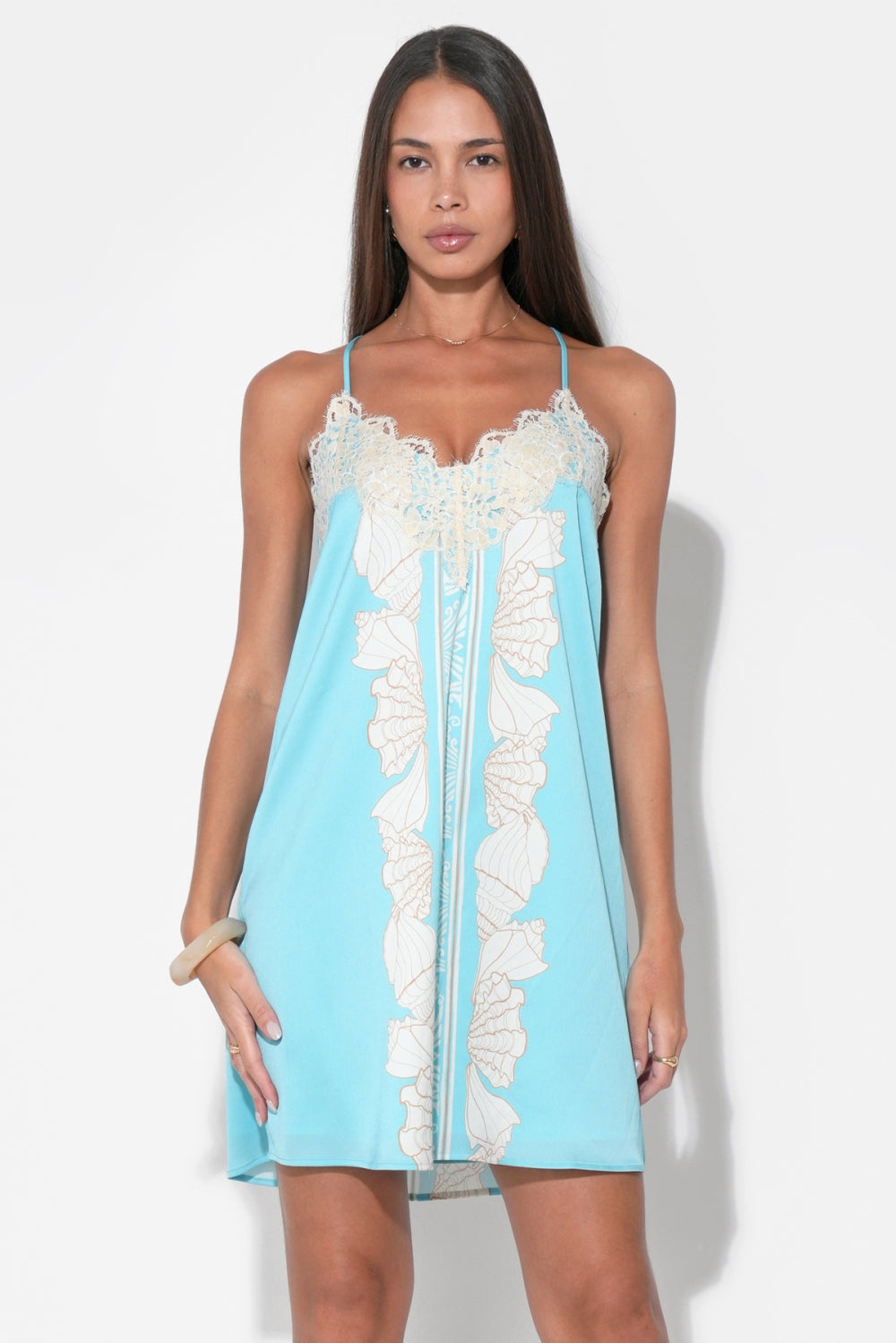 Celeste Lace Trim Printed Seashell Mini Dress SEAFOAM/IVORY / S