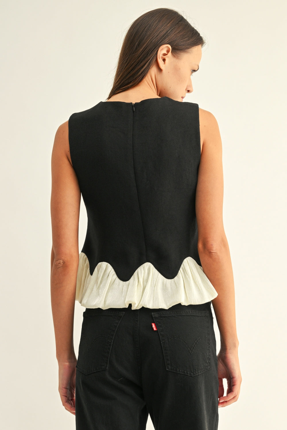 Coleen Contrast Bubble Hem Sleeveless Top F2610T7658_BLACK/OFF WHITE