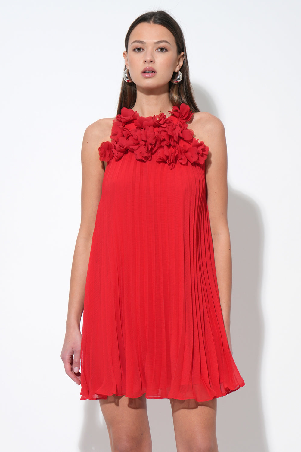 Corey Halter Pleated Dress with 3D Floral Applique