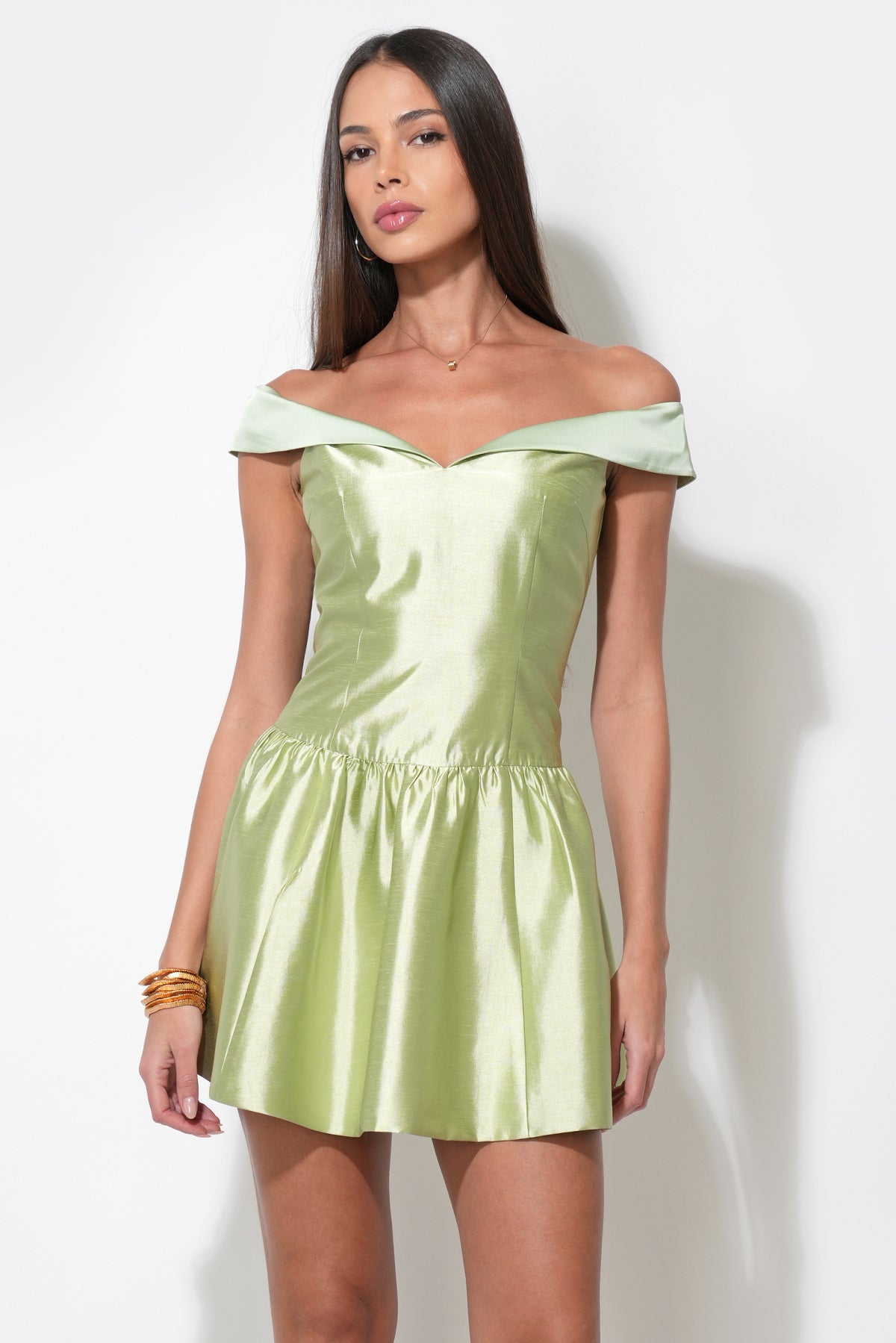 Darcy Off Shoulder Satin Drop Waist Mini Dress | Adelyn Rae XS / CHARTREUSE Darcy Off Shoulder Satin Drop Waist Mini Dress | Adelyn Rae XS / CHARTREUSE