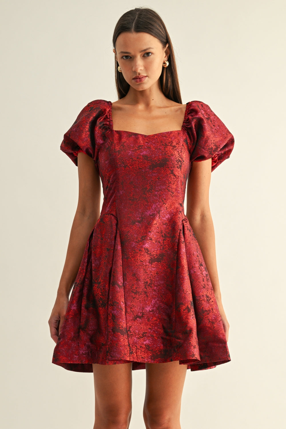 Donna Sweetheart Neck Bubble Sleeves Jacquard Mini Dress F269D7401_RED MULTI