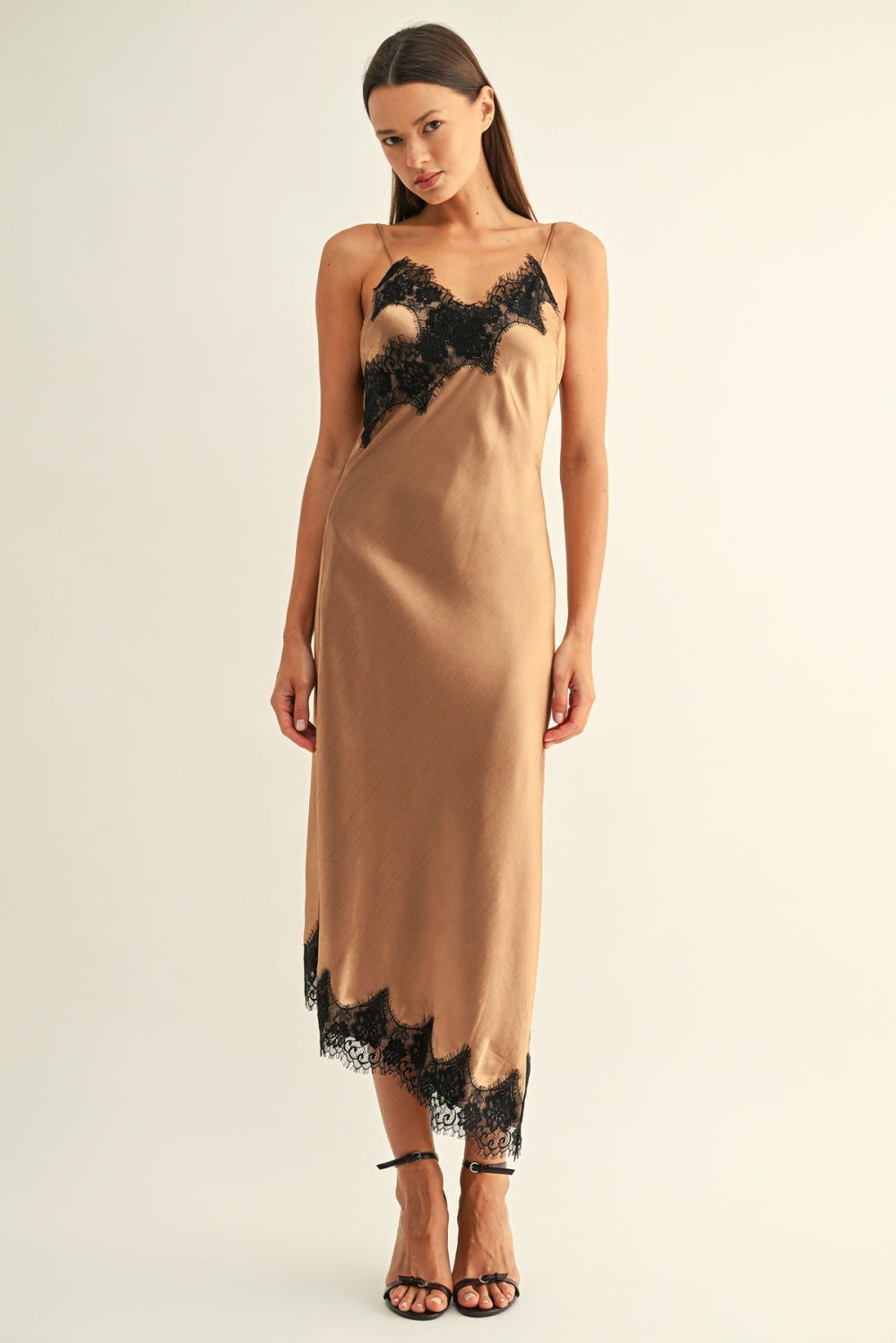 Emily Contrast Lace Satin Slip Dress F2610D7390_CAMEL/BLACK