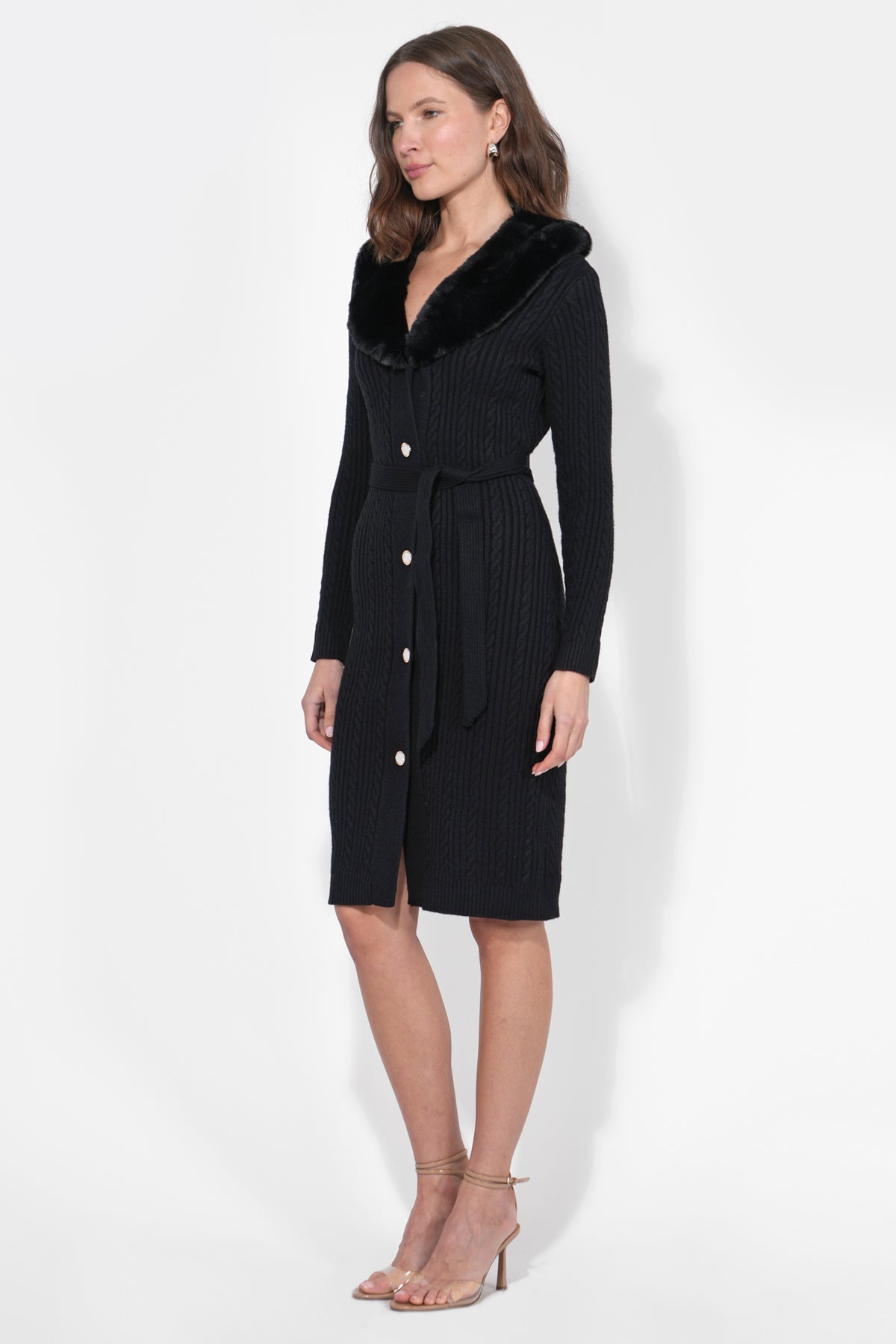 Karlene Detachable Faux Fur Collar Sweater Dress