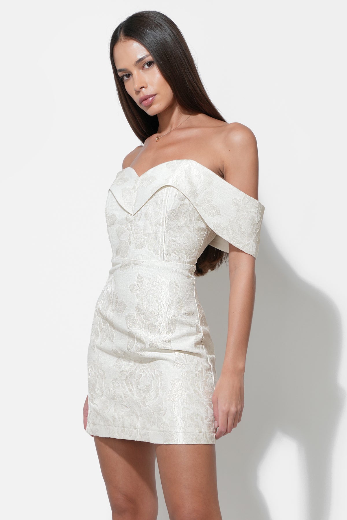 Alice Off Shoulder Jacquard Mini Dress