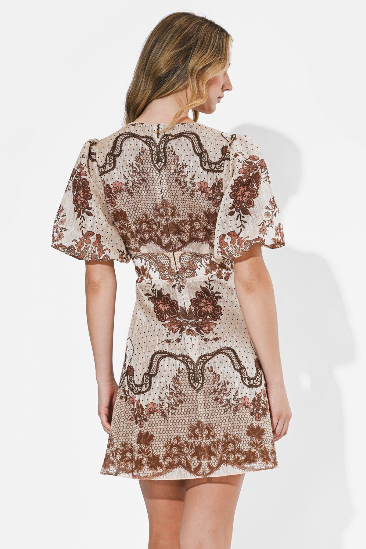 Abigail Bubble Sleeve Placement Print Mini Dress