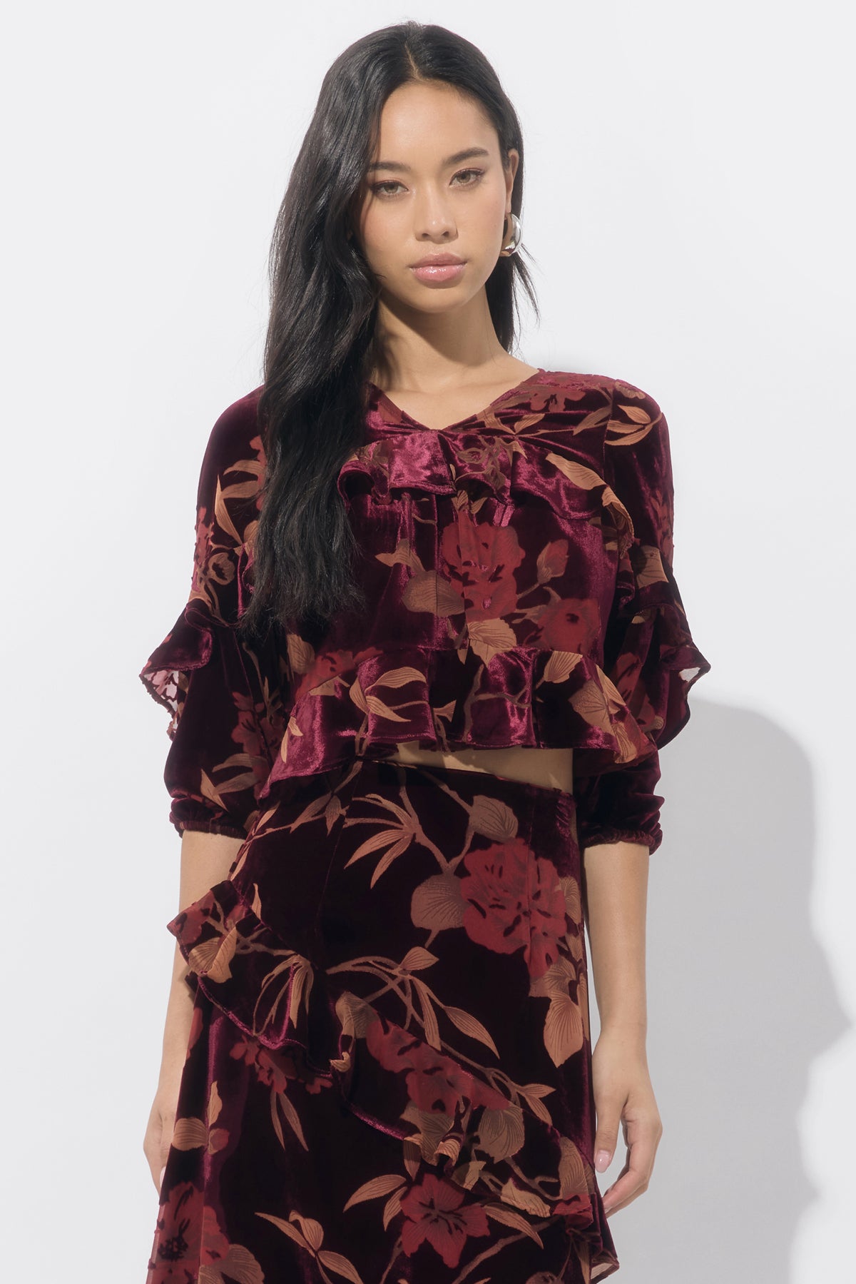 Reese V Neck Flutter Sleeve Velvet Burnout Top
