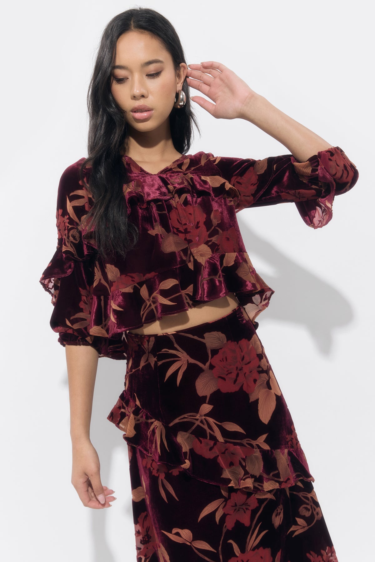 Reese V Neck Flutter Sleeve Velvet Burnout Top
