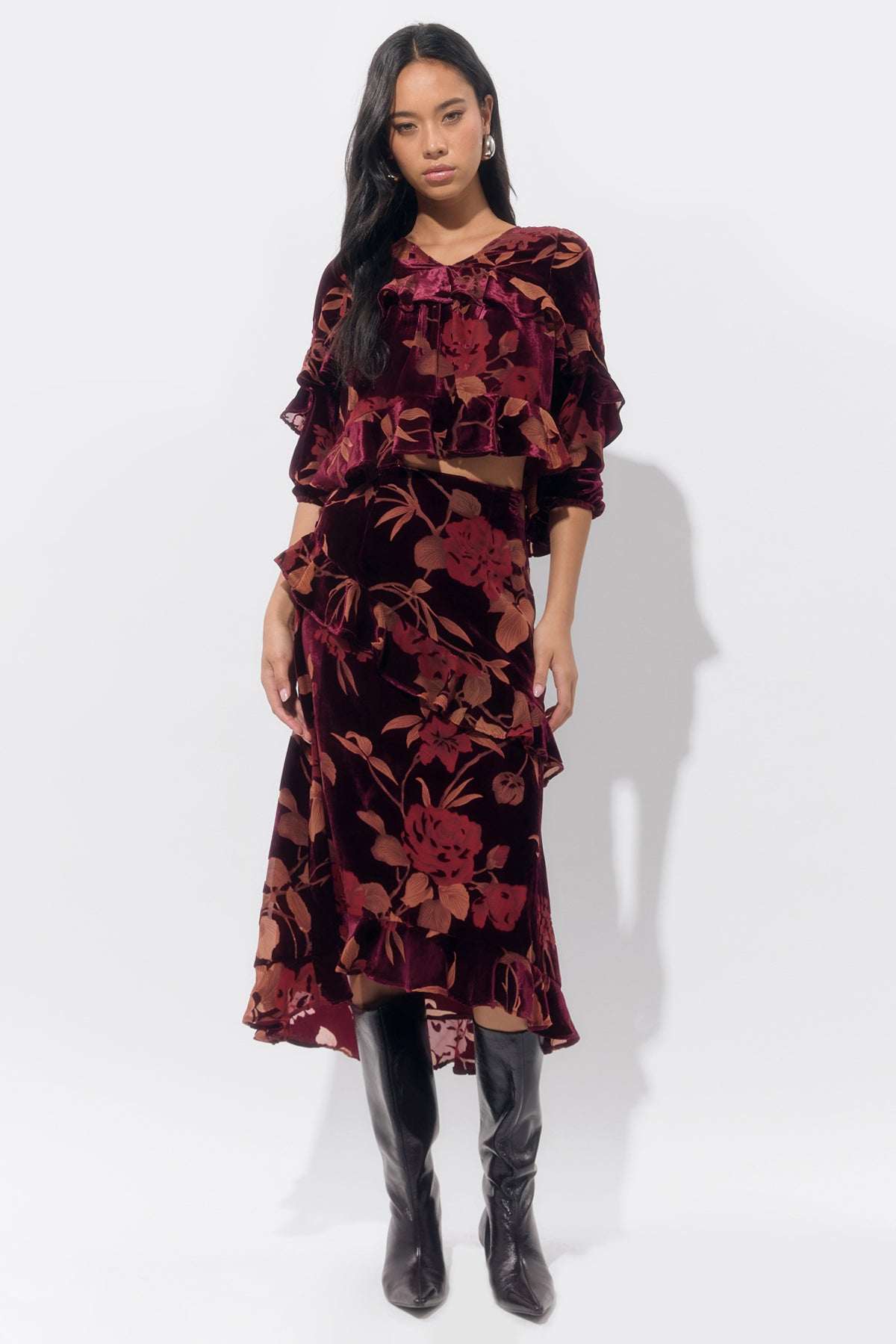 Reese V Neck Flutter Sleeve Velvet Burnout Top