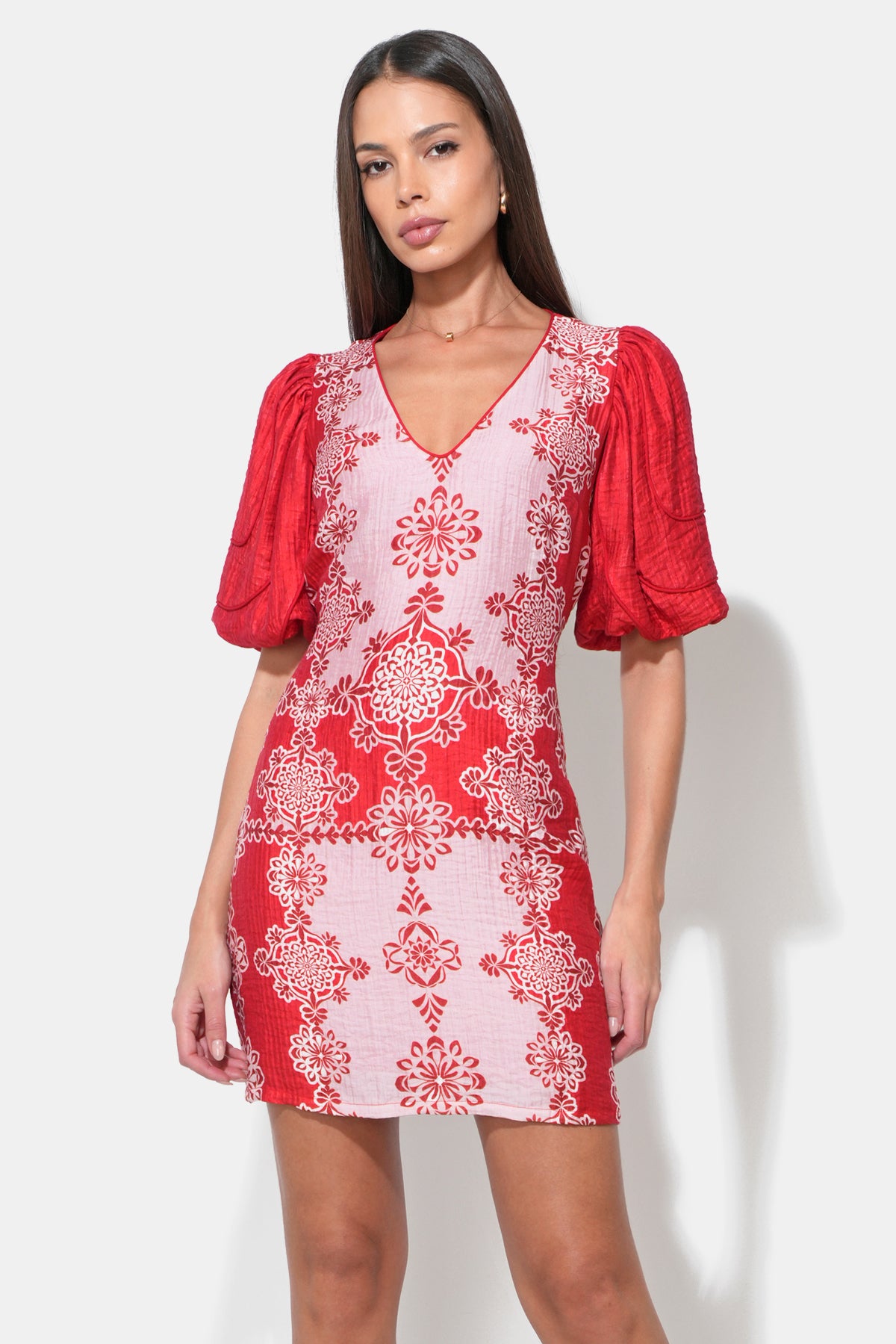 Caroline V-Neck Bubble Sleeve Red Mini Dress