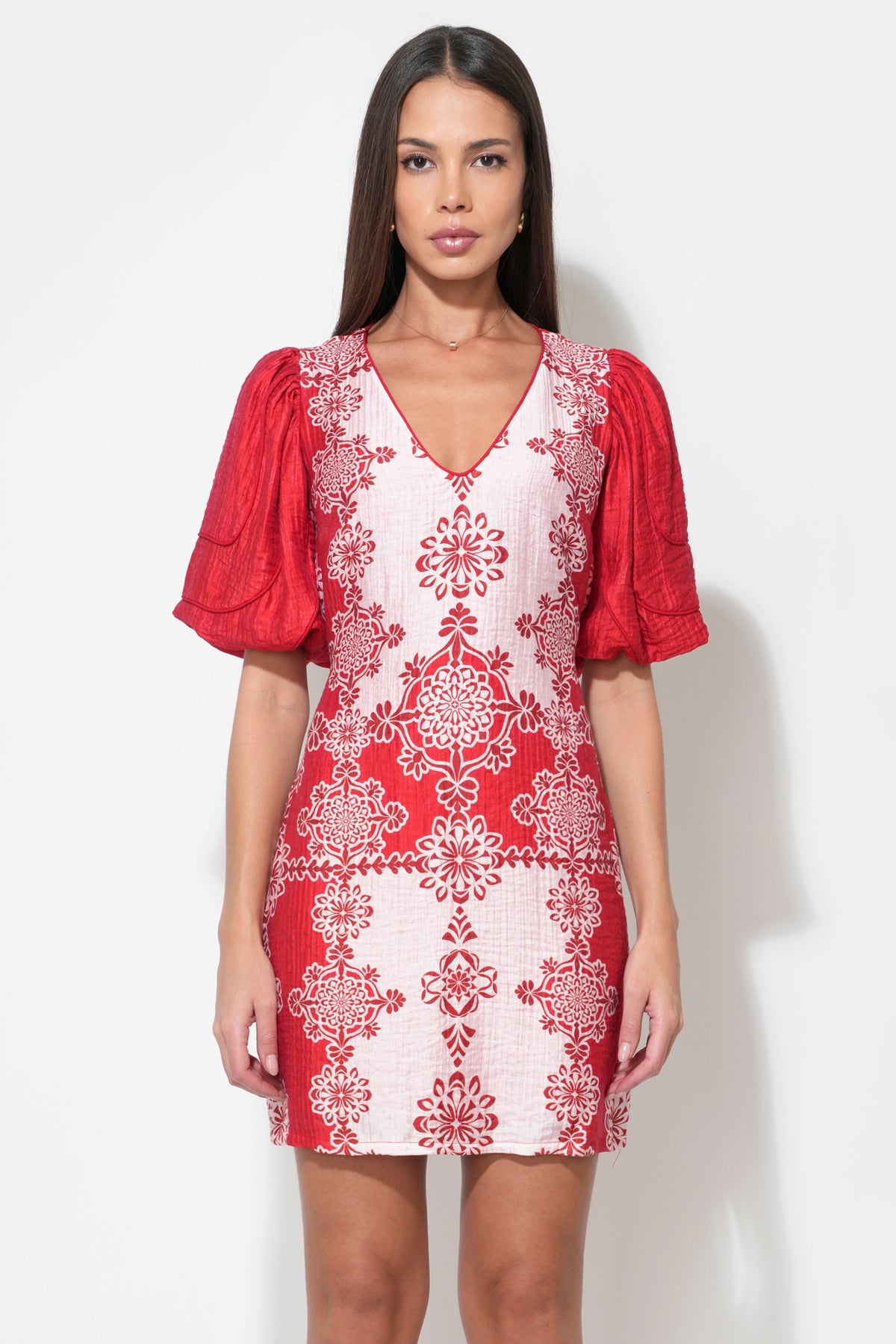 Caroline V-Neck Bubble Sleeve Red Mini Dress