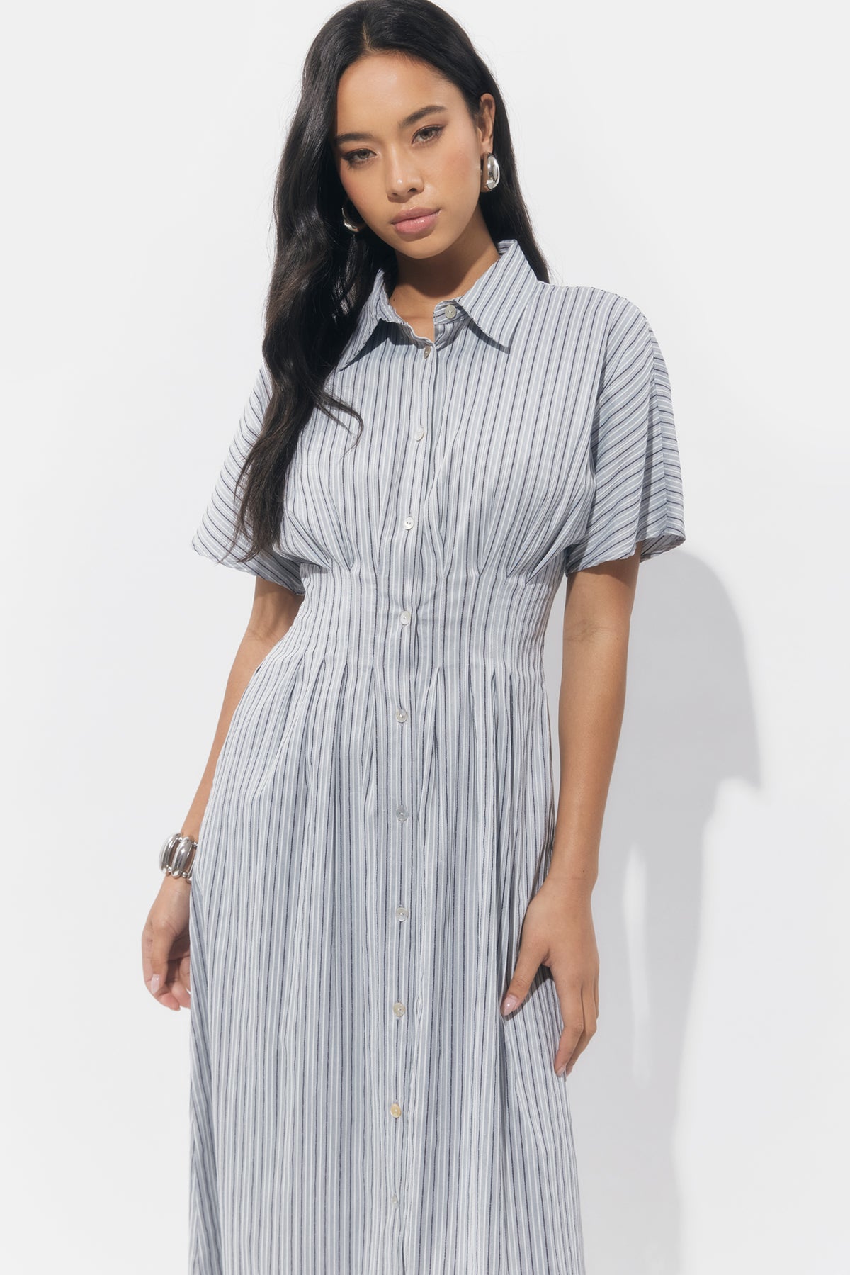 Audrey Button Up Pleated Stripe Shirt Dress
