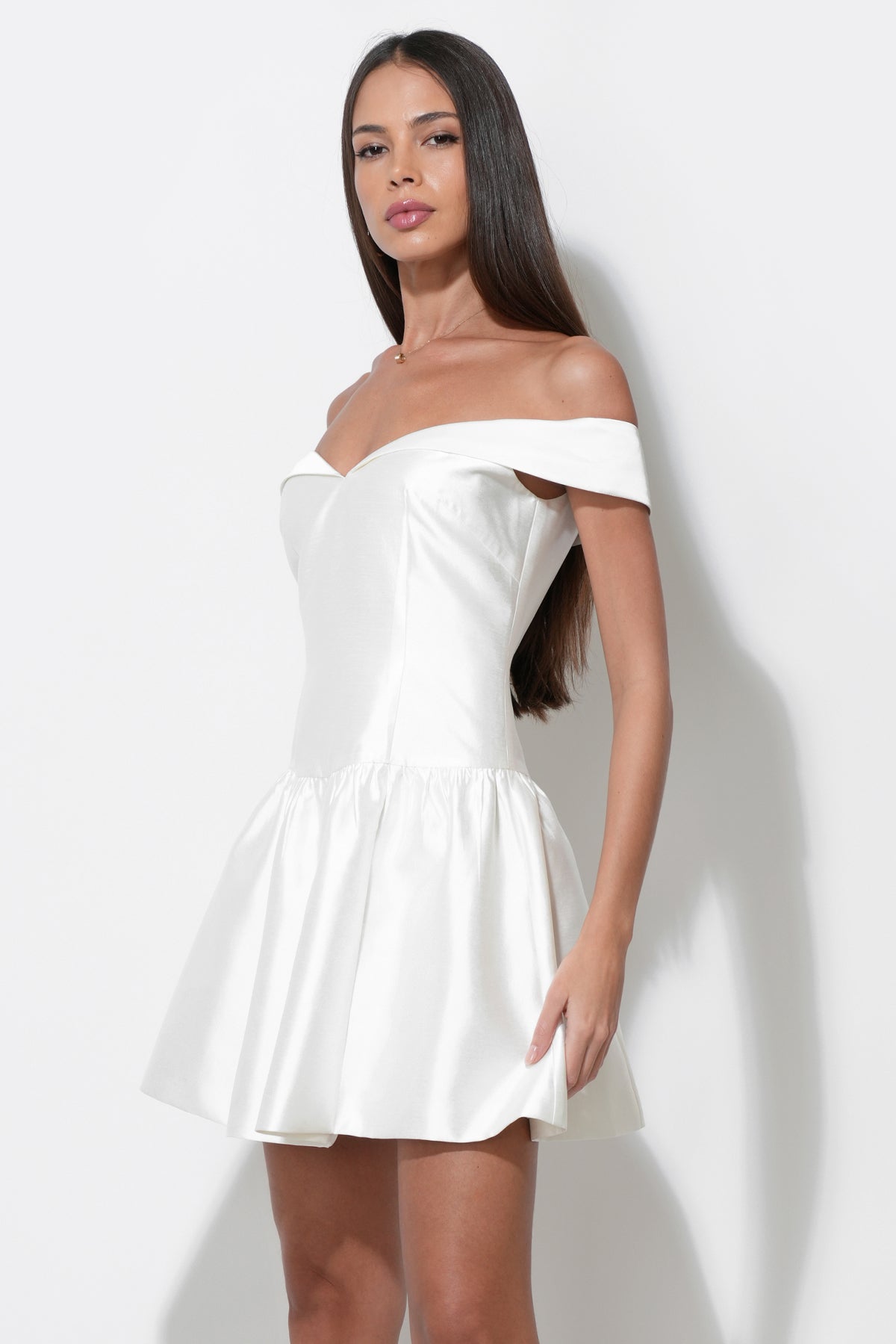 Darcy Off Shoulder Satin Drop Waist Mini Dress