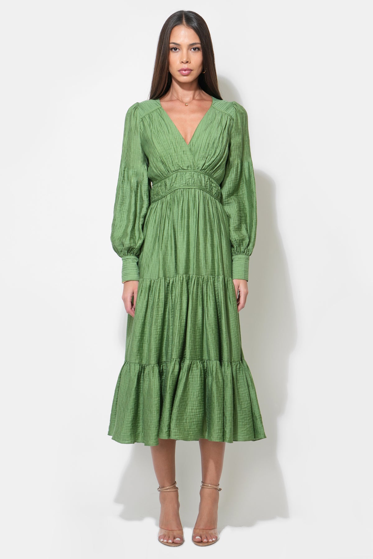 Zinnia Surplice Neck Tiered Midi Dress