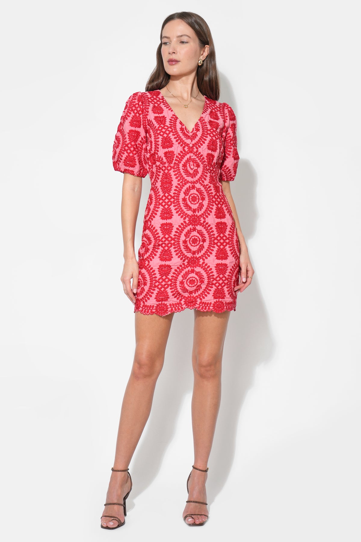 Rosemary Cotton Eyelet Embroidered Red Mini Dress