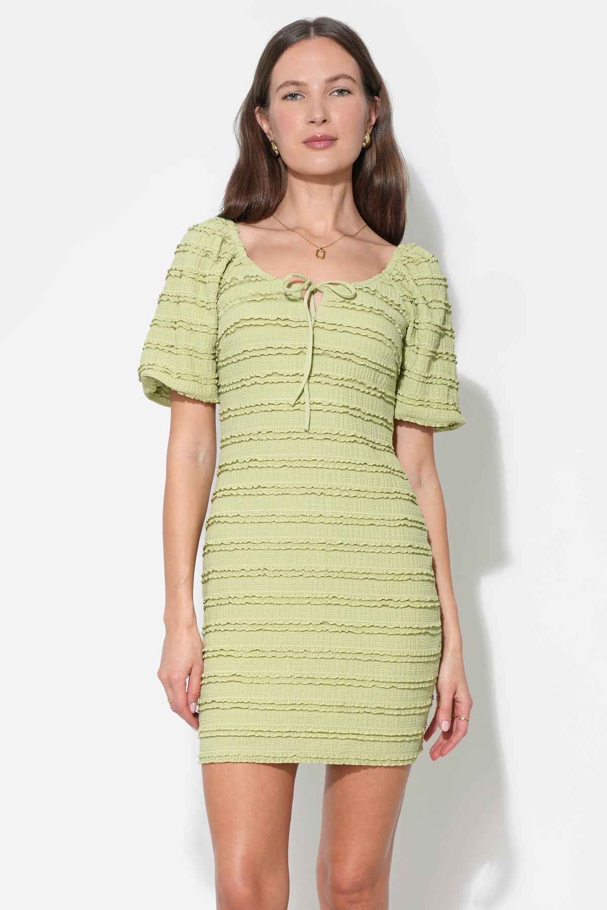 Aina Textured Lace Trim Green Mini Dress