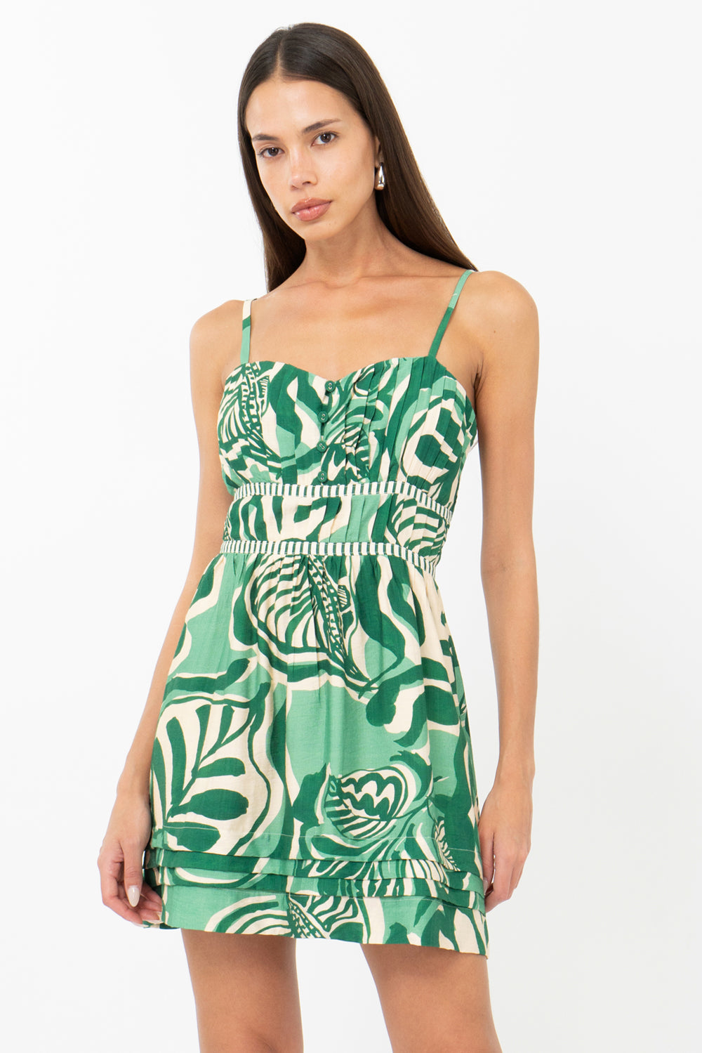Runa Leaf Print Plisse Mini Dress