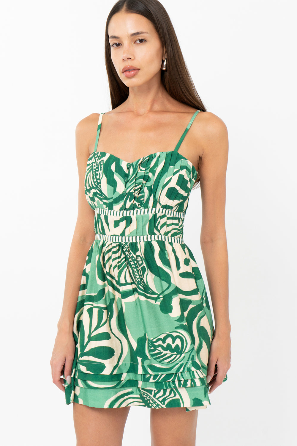 Runa Leaf Print Plisse Mini Dress