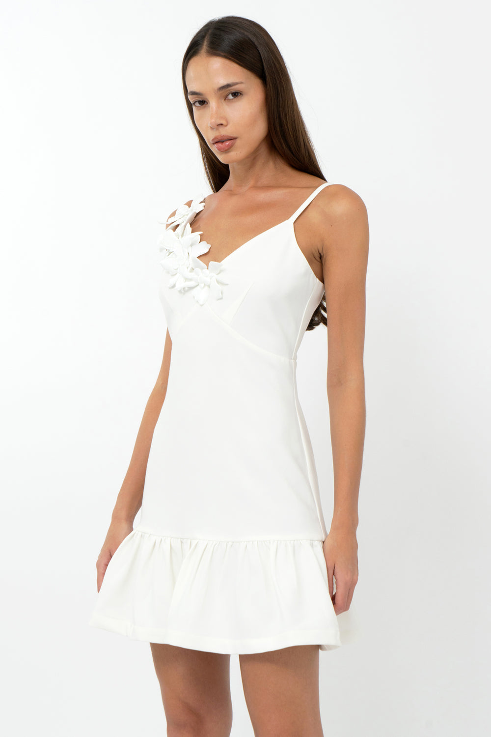 Mirabel Floral Applique Ruffle Mini Dress