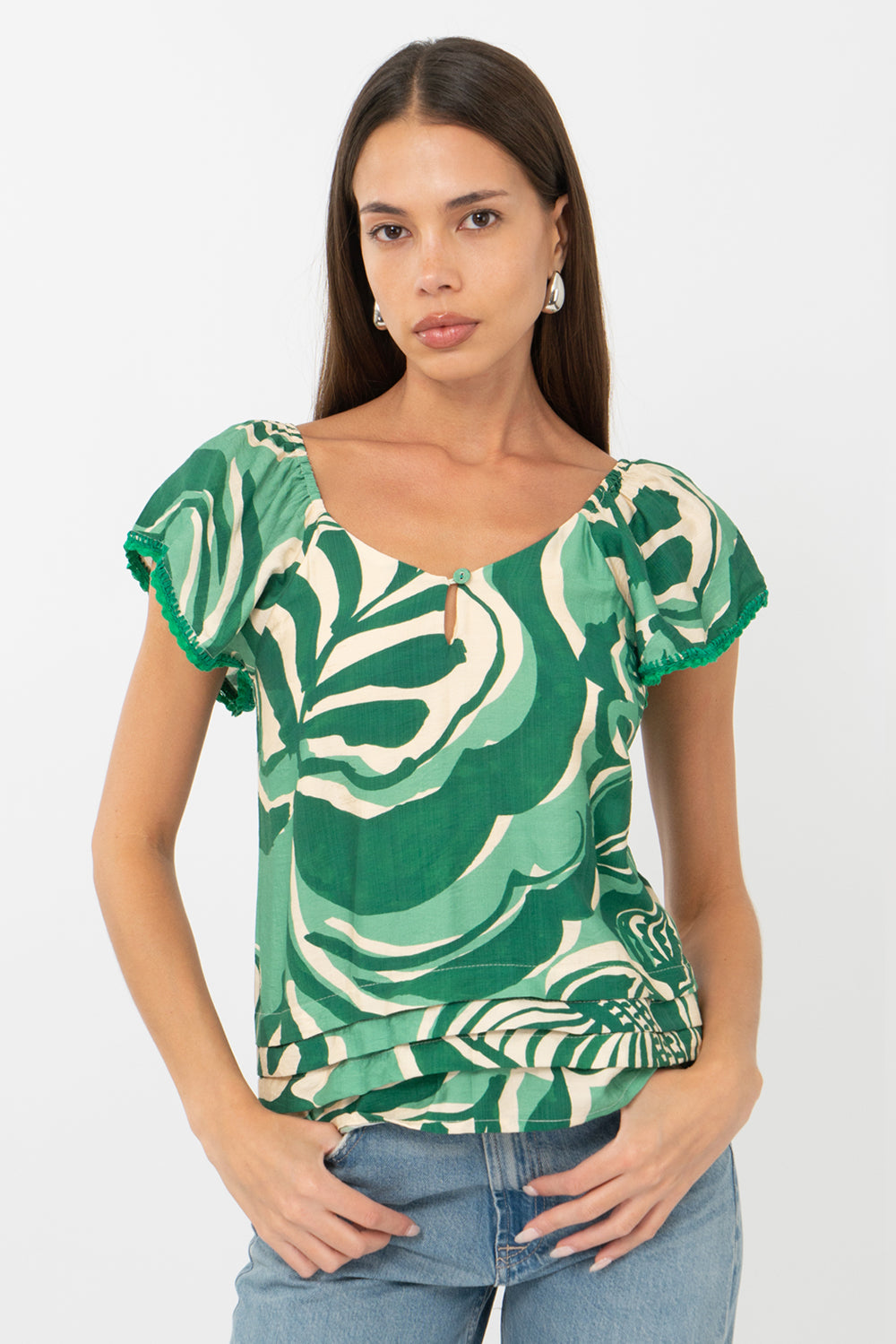 Nyra Leaf Print Flutter Sleeve Top