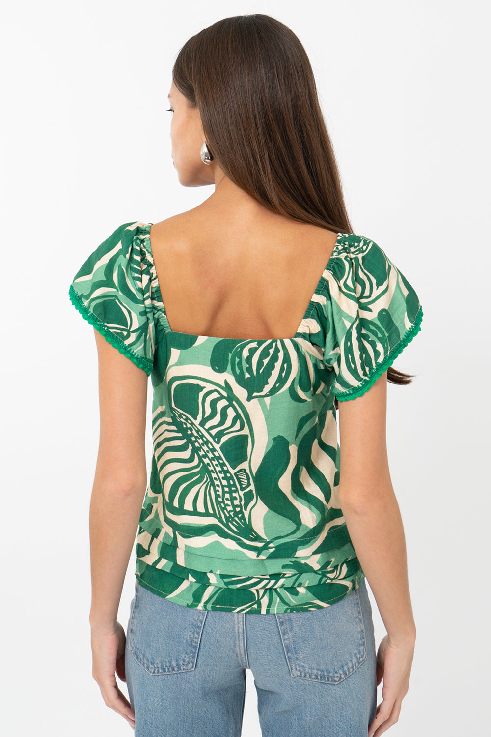 Nyra Leaf Print Flutter Sleeve Top