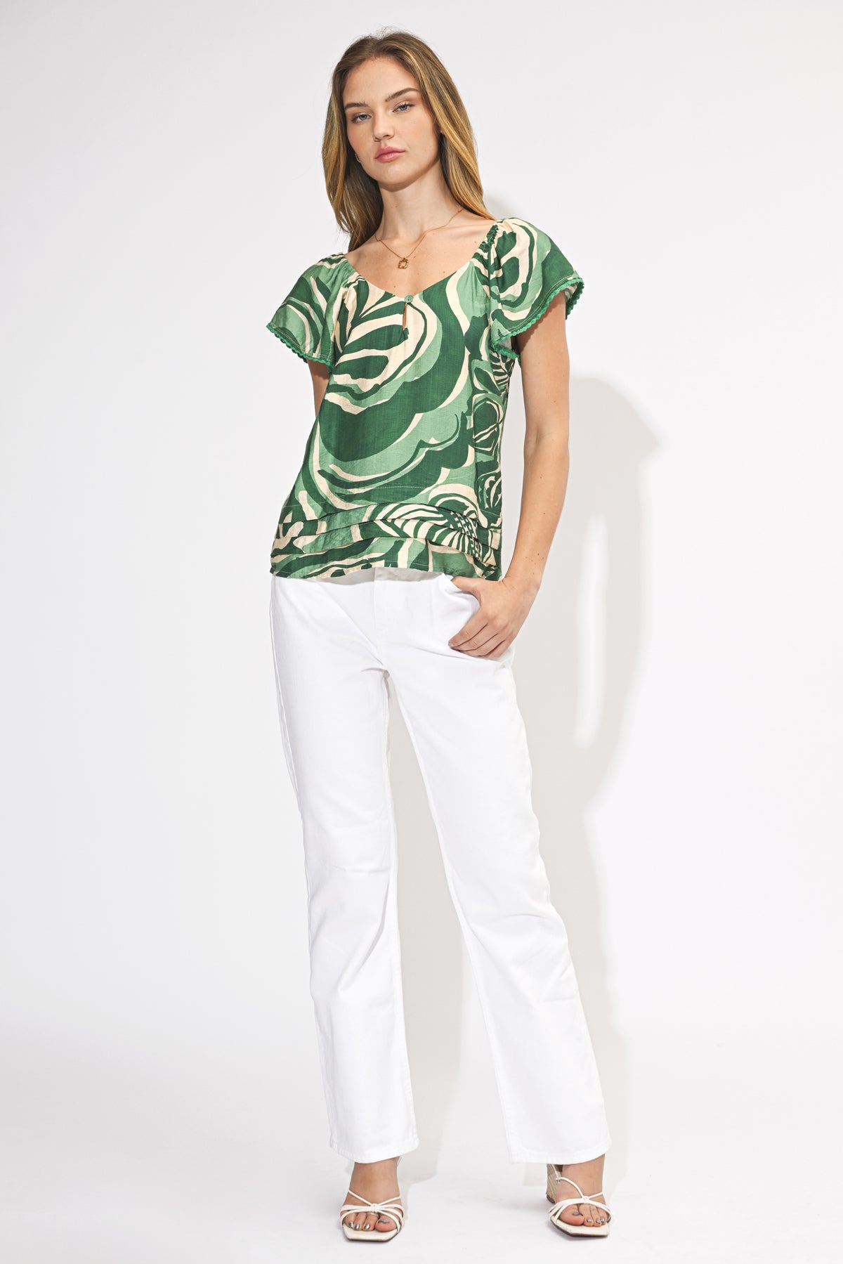 Nyra Leaf Print Flutter Sleeve Top