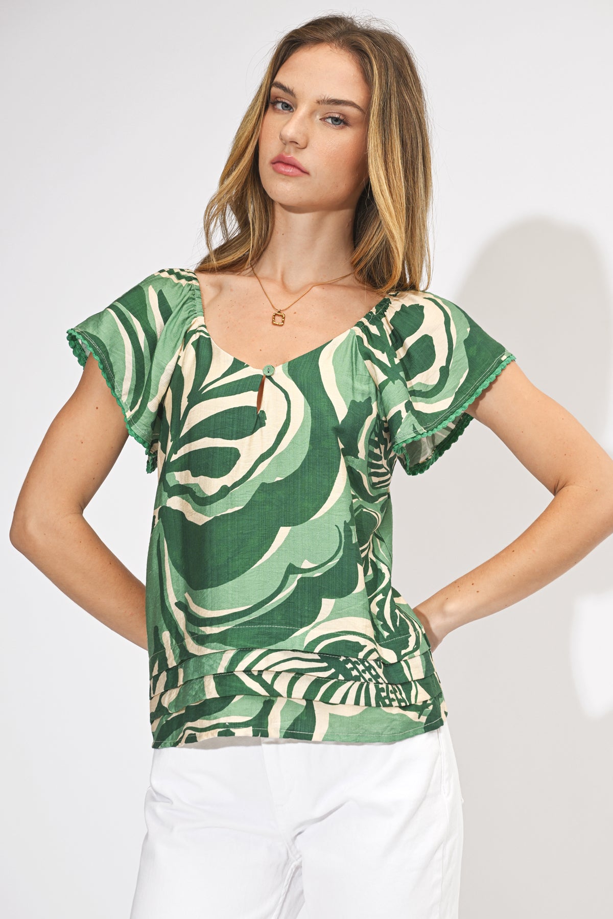 Nyra Leaf Print Flutter Sleeve Top