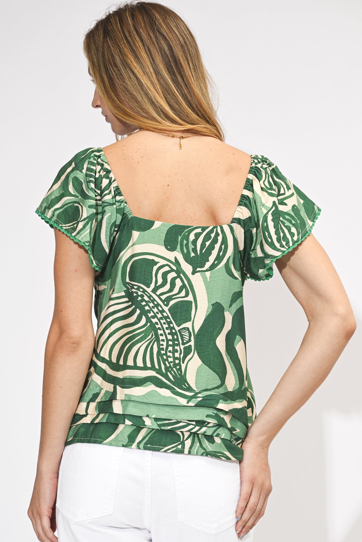 Nyra Leaf Print Flutter Sleeve Top
