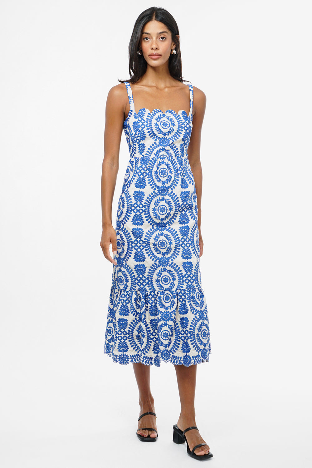 Shanna Embroidered Scalloped Cotton Midi Dress w/ Lace Up Back