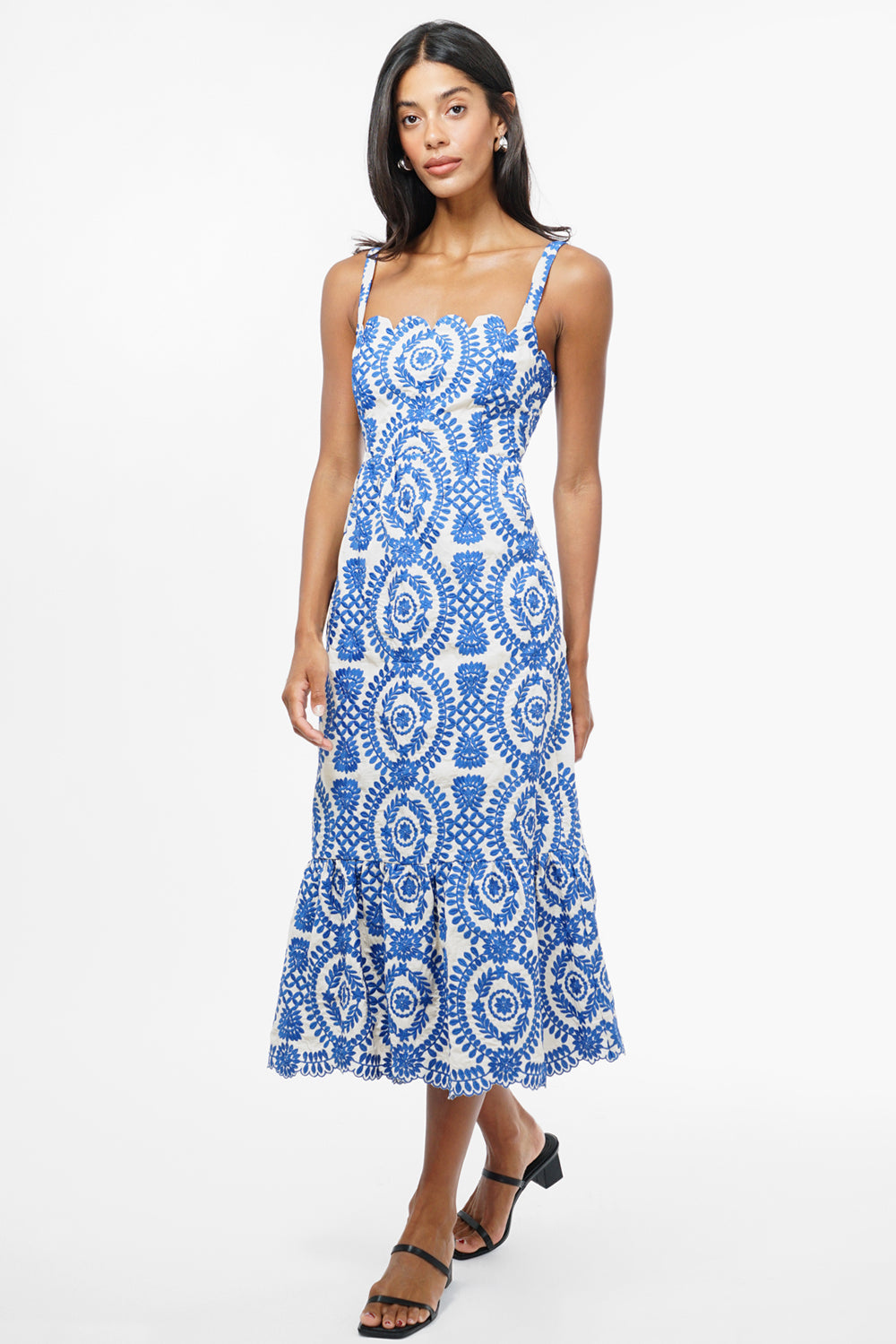 Shanna Embroidered Scalloped Cotton Midi Dress w/ Lace Up Back