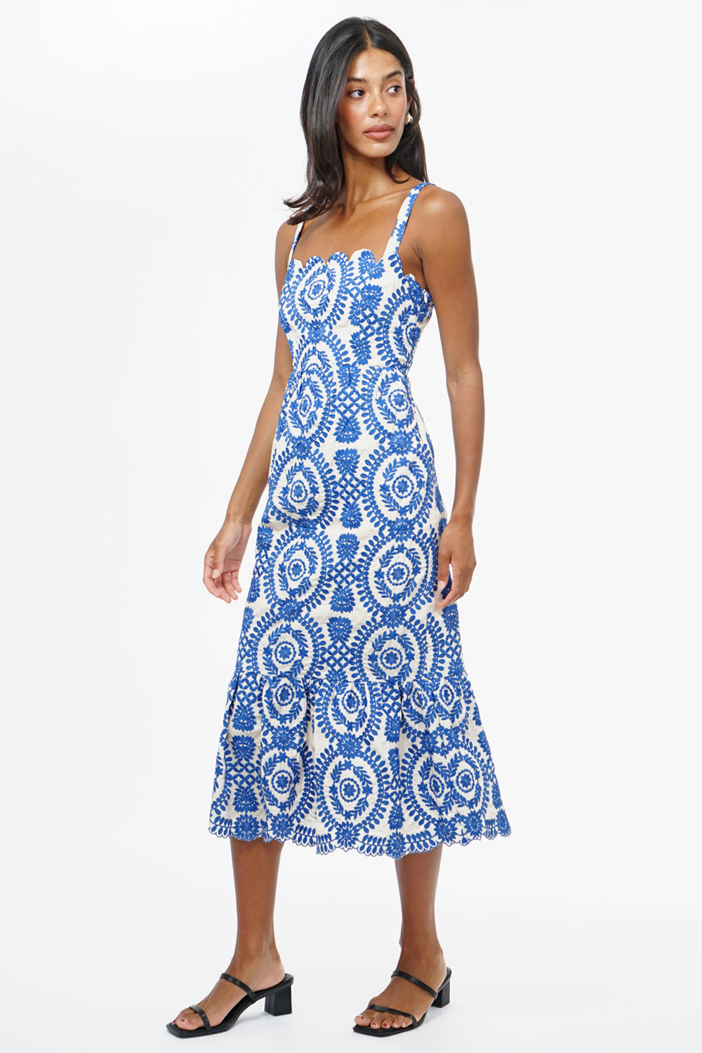 Shanna Embroidered Scalloped Cotton Midi Dress w/ Lace Up Back