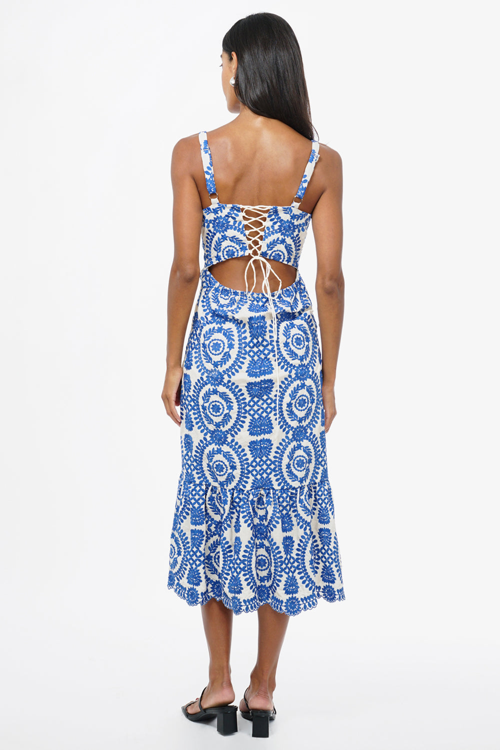 Shanna Embroidered Scalloped Cotton Midi Dress w/ Lace Up Back