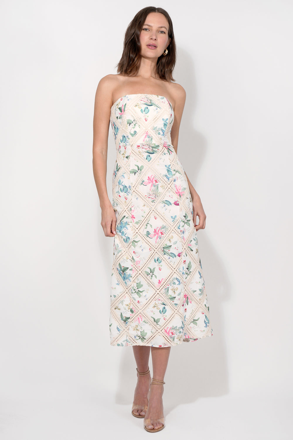 Manon Crochet Printed Strapless MIdi Dress