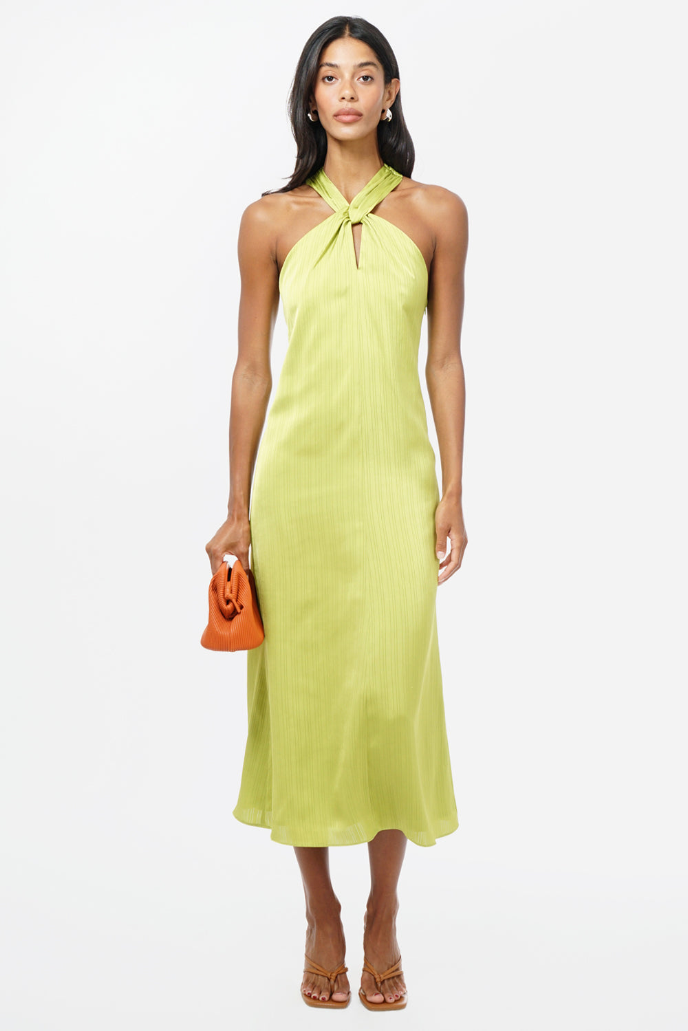 Kristine Halter Back Bow Satin Midi Dress