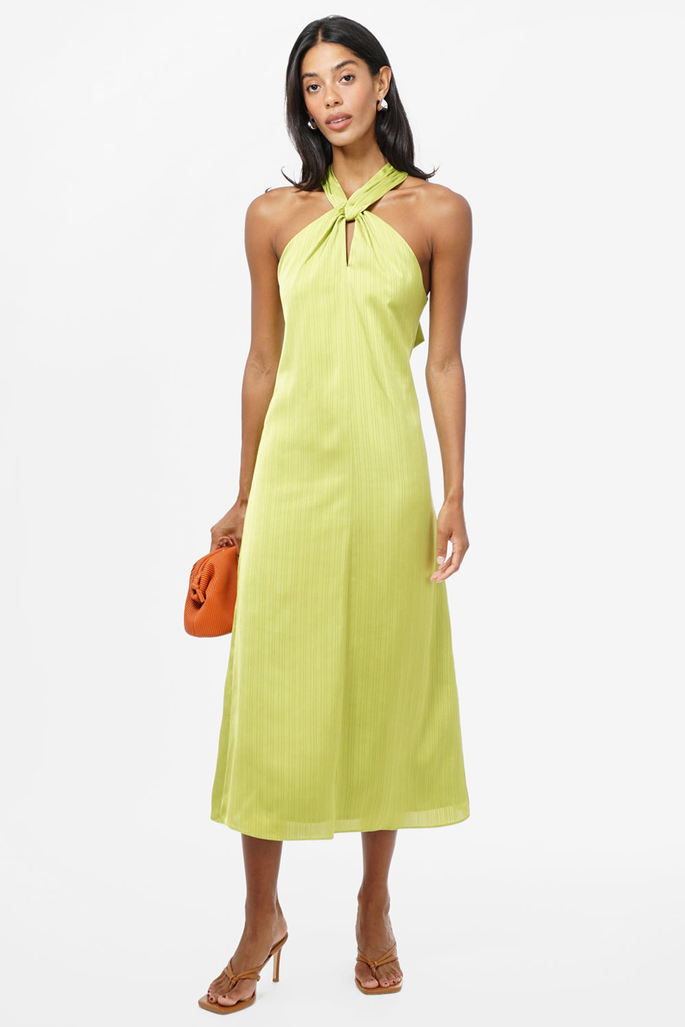 Kristine Halter Back Bow Satin Midi Dress