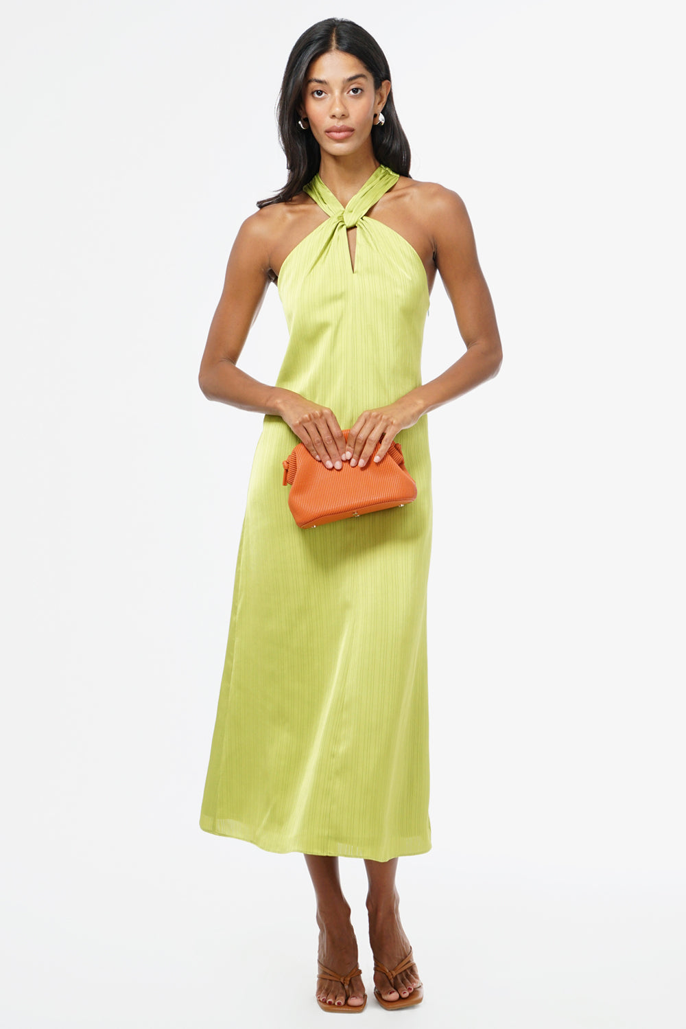 Kristine Halter Back Bow Satin Midi Dress