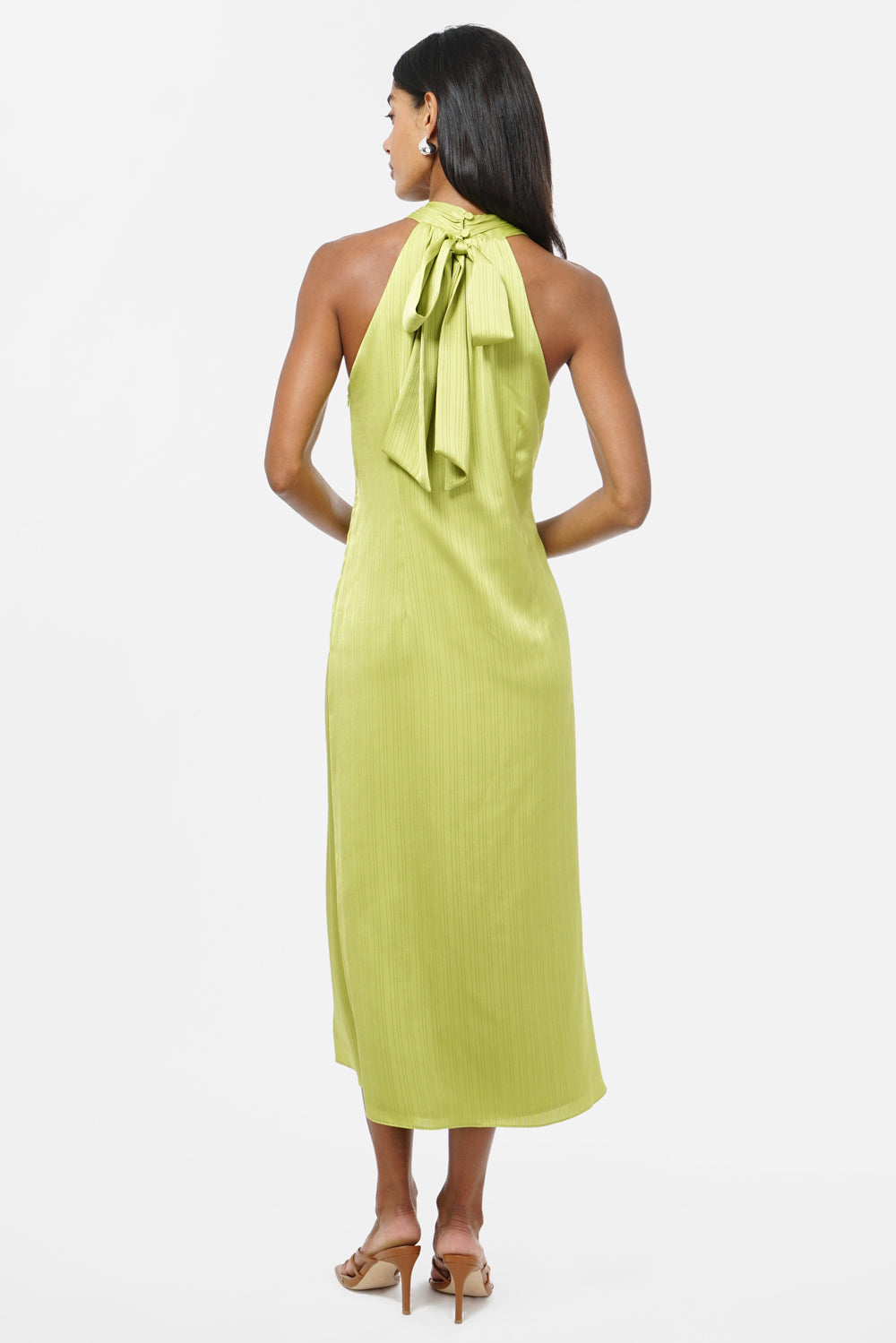 Kristine Halter Back Bow Satin Midi Dress