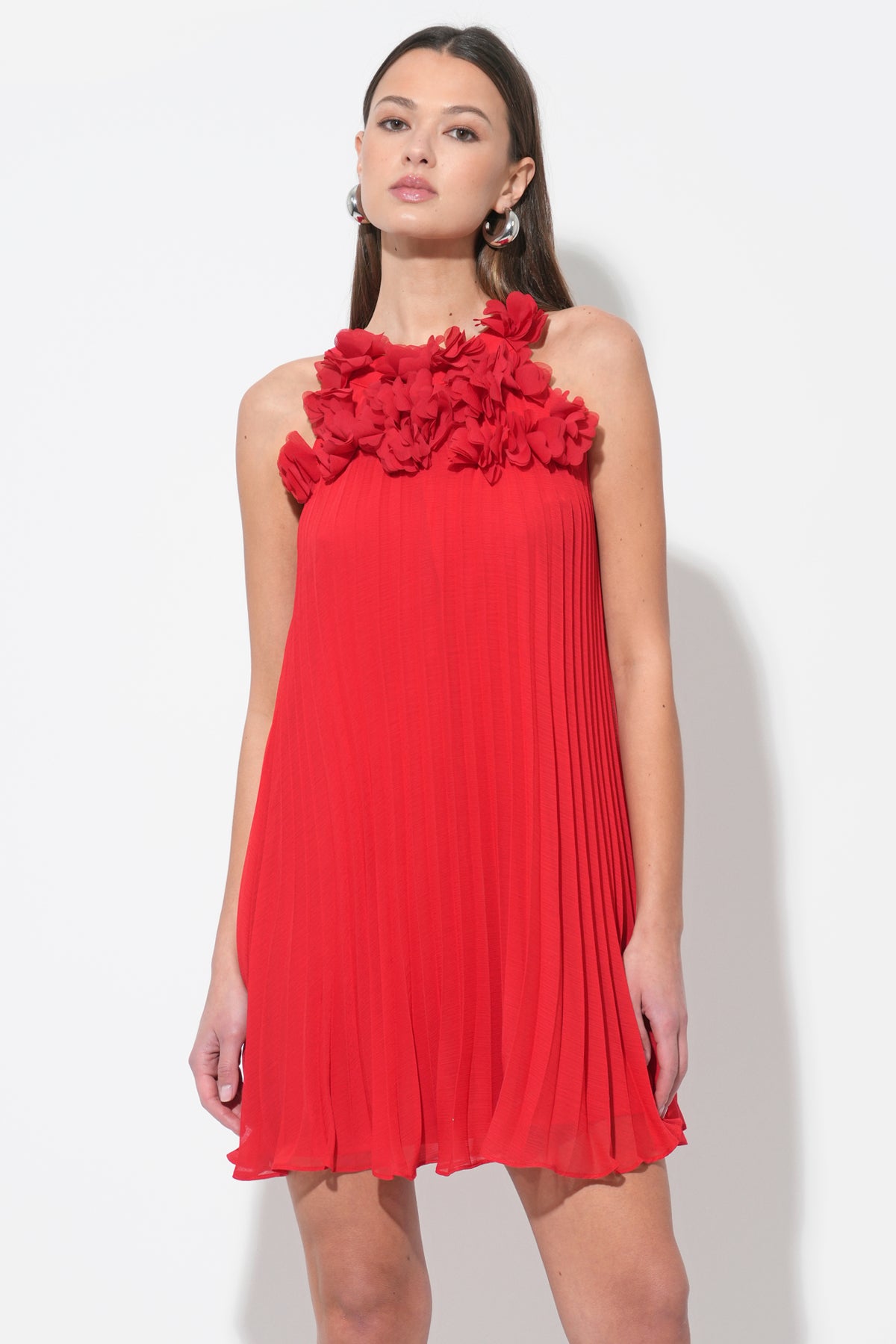 Corey Halter Pleated Dress with 3D Floral Applique