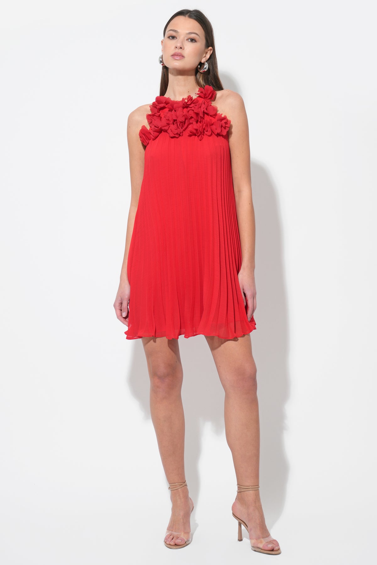 Corey Halter Pleated Dress with 3D Floral Applique