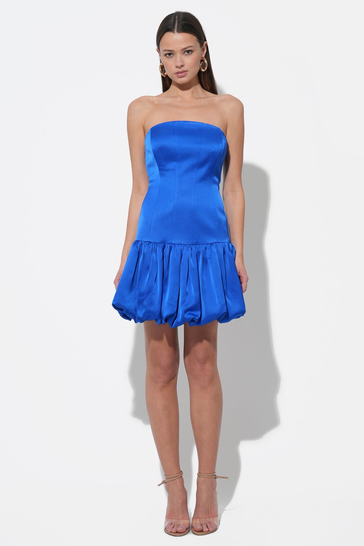 grey dress pants blue jacket Paloma Strapless Bubble Dress